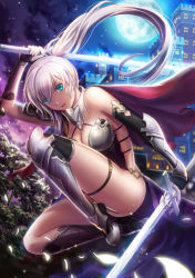 Rule 34 | 1girl, black gloves, blue eyes, breasts, building, cape, cleavage, dual wielding, elbow gloves, fingerless gloves, gloves, granatha eternal, holding, looking at viewer, midair, mingjeung seo, moon, night, outdoors, red cape, solo, sword, thigh strap, weapon, white hair