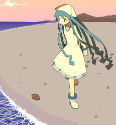 Rule 34 | beach, blue eyes, blue hair, dress, hat, hermit crab, ikamusume, kenja tori, long hair, shinryaku! ikamusume, solo, tentacle hair