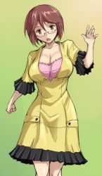 Rule 34 | 1girl, bespectacled, blush, breasts, brown eyes, brown hair, casual, cleavage, cosplay, dress, glasses, infinite stratos, large breasts, aged up, rozen maiden, short hair, solo, souseiseki, tsuda nanafushi, yamada maya (infinite stratos), yamada maya (infinite stratos) (cosplay)