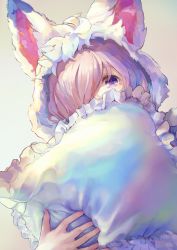 Rule 34 | 1girl, alternate costume, commentary request, cosplay, fate/grand order, fate (series), fou (fate), fou (fate) (cosplay), grey background, hair over one eye, hidden face, holding, holding pillow, hood, hood up, light purple hair, looking at viewer, mash kyrielight, nail polish, hugging object, pillow, pillow hug, pink nails, purple eyes, short hair, simple background, solo, tocope