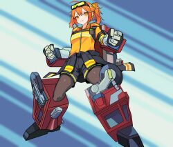 Rule 34 | 1girl, black pantyhose, black shorts, breasts, chelsea (neural cloud), chest harness, clenched hands, cosplay, fire convoy, fire convoy (cosplay), girls&#039; frontline, girls&#039; frontline neural cloud, goggles, goggles on head, hair behind ear, harness, highres, jacket, looking at viewer, mecha musume, medium breasts, orange eyes, orange jacket, pantyhose, ponytail, shorts, smile, solo, transformers, transformers car robots, v-shaped eyebrows, walkie-talkie, yanagui