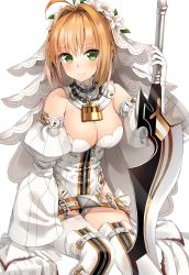 Rule 34 | 1girl, absurdres, aestus estus, ahoge, belt, blonde hair, breasts, chain, cleavage, closed mouth, detached sleeves, fate/grand order, fate (series), gloves, green eyes, hair intakes, highres, holding, holding sword, holding weapon, invisible chair, large breasts, leotard, lock, looking at viewer, nero claudius (bride) (fate), nero claudius (bride) (second ascension) (fate), nero claudius (fate), nero claudius (fate) (all), padlock, rota (078), short hair, sitting, smile, solo, sword, thighhighs, weapon, white gloves, white leotard, white sleeves, white thighhighs