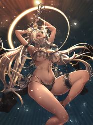 Rule 34 | 1girl, :o, anklet, armlet, blonde hair, bracelet, breasts, bright pupils, commentary request, dancer, dark-skinned female, dark skin, halo, highres, holding, holding staff, jewelry, large breasts, long hair, looking at viewer, mouth veil, navel, odachu, original, red eyes, revealing clothes, skindentation, solo, staff, thighlet, twintails, veil, white pupils
