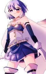 Rule 34 | 1girl, 2021, arms at sides, bare shoulders, belt, belt buckle, blue belt, blue eyes, blue hair, blue skirt, blush stickers, breasts, buckle, cape, chino (m chi no), closed mouth, collarbone, contrapposto, cowboy shot, dated, detached sleeves, dot nose, frills, gloves, gold trim, hair between eyes, highres, legs apart, looking at viewer, looking down, magical girl, mahou shoujo madoka magica, mahou shoujo madoka magica (anime), miki sayaka, pleated skirt, short hair, simple background, skirt, small breasts, smile, solo, soul gem, strapless, thighhighs, white background, white cape, white gloves, white thighhighs, zettai ryouiki