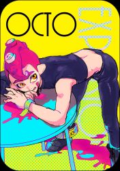 Rule 34 | 1boy, :p, absurdres, agent 8 (splatoon), asymmetrical clothes, bent over, black pants, black shirt, blouse, copyright name, highres, ink, looking at viewer, male focus, mohawk, nintendo, octoling, octoling boy, octoling player character, orange eyes, pants, pink hair, shirt, simple background, solo, splatoon (series), splatoon 2, splatoon 2: octo expansion, takozonesu, tentacle hair, tongue, tongue out, yellow background