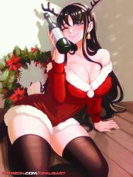 Rule 34 | 1girl, absurdres, arm support, black hair, black thighhighs, bottle, breasts, earrings, fake horns, highres, holding, holding bottle, horns, indoors, jewelry, large breasts, long hair, looking at viewer, on floor, one eye closed, opalis, red eyes, santa costume, smile, solo, spy x family, thick thighs, thighhighs, thighs, wooden floor, yor briar