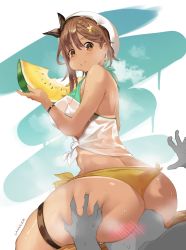 Rule 34 | 1boy, 1girl, artist name, ass, ass grab, atelier (series), atelier ryza, atelier ryza 2, bikini, blush, bracelet, braid, breasts, brown eyes, brown hair, earrings, eating, food, fruit, hair ornament, hat, hetero, highres, holding, holding food, huge ass, jewelry, lanxcer, large breasts, looking at another, reisalin stout, shirt, side-tie bikini bottom, single sidelock, sitting, sitting on face, sitting on person, skindentation, smile, steaming body, sweat, swimsuit, tan, tanline, thick thighs, thigh strap, thighs, tied shirt, watermelon, yellow bikini