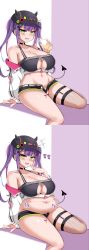 Rule 34 | 1girl, 2koma, artist request, belly, bibi (tokoyami towa), blush, breasts, cleavage, comic, fat, fishnets, green eyes, hand to own mouth, highres, hololive, large breasts, looking at viewer, purple hair, smug, solo, source request, thick thighs, thighs, tokoyami towa, twintails, virtual youtuber, weight gain