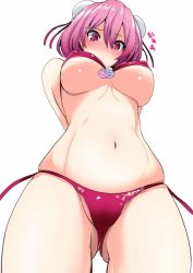 Rule 34 | 1girl, @ @, adapted costume, amisu, arms behind back, belly, bikini, blush, breasts, bun cover, double bun, covered erect nipples, flower, from below, full-face blush, gluteal fold, ibaraki kasen, large breasts, looking at viewer, navel, pink hair, red bikini, red eyes, rose, short hair, simple background, skindentation, solo, swimsuit, text focus, touhou, underboob, white background