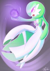 Rule 34 | 1girl, absurdres, arm at side, arm up, artist name, bob cut, breasts, collarbone, colored skin, creatures (company), energy ball, female focus, from side, full body, game freak, gardevoir, gen 3 pokemon, glowing, glowing eyes, green hair, green skin, highres, leg up, multicolored skin, nintendo, open mouth, outline, outstretched arm, pink eyes, pokemon, pokemon (creature), pokemon move, polyvoir, purple background, shadow ball (pokemon), short hair, signature, small breasts, solo, two-tone skin, white outline, white skin