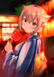 Rule 34 | 1girl, bad id, bad pixiv id, blurry, blurry background, blush, bow, breasts, brown hair, candy apple, closed mouth, commentary, depth of field, fang, fang out, food, hair between eyes, hair flaps, highres, holding, holding food, japanese clothes, kimono, looking at viewer, looking to the side, minami saki, night, original, outdoors, red eyes, short hair, small breasts, smile, solo, striped clothes, striped kimono, summer festival, symbol-only commentary, vertical-striped clothes, vertical-striped kimono, yellow bow, yukata