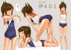 Rule 34 | 10s, 1girl, :d, :o, ass, bare shoulders, barefoot, blue one-piece swimsuit, blush, breasts, brown eyes, brown hair, character name, closed mouth, clothes lift, commentary request, covered navel, grey background, groin, hands on own knees, head tilt, i-401 (kancolle), kantai collection, kneepits, leaning forward, legs up, looking at viewer, lying, multiple views, on stomach, one-piece swimsuit, open mouth, own hands together, ponytail, school swimsuit, shirt, shirt lift, short hair, simple background, skin tight, sleeveless, sleeveless shirt, small breasts, smile, speech bubble, swimsuit, tan, tanline, tareme, the pose, thighs, translation request, undressing, wa (genryusui), white shirt