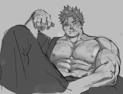 Rule 34 | 1boy, abs, bara, bare pectorals, blood, boiled heroes, boku no hero academia, breath, bruise, cropped legs, endeavor (boku no hero academia), facial hair, greyscale, injury, japanese clothes, kimono, knee up, large pectorals, looking at viewer, male focus, mature male, monochrome, muscular, muscular male, nipples, no scar, nosebleed, open clothes, open kimono, pectorals, short hair, sideburns, sketch, solo, spiked hair, stomach, stubble, sweat, veins, veiny arms