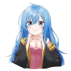 Rule 34 | 1girl, absurdres, blue eyes, blue hair, blush, breasts, cleavage, collarbone, commentary, elie wayne, english commentary, highres, index fingers raised, jan azure, large breasts, long hair, long sleeves, looking at viewer, original, pink tank top, smile, solo, tank top, transparent background