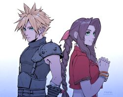 Rule 34 | 1boy, 1girl, aerith gainsborough, aqua eyes, armor, artist name, back-to-back, bandaged arm, bandages, bangle, belt, blonde hair, bracelet, braid, braided ponytail, brown belt, brown hair, closed mouth, cloud strife, cropped jacket, dress, earrings, final fantasy, final fantasy vii, final fantasy vii rebirth, final fantasy vii remake, gradient background, green eyes, hair ribbon, highres, jacket, jewelry, long hair, multiple belts, noinoichebura, own hands clasped, own hands together, parted bangs, pink dress, pink ribbon, red jacket, ribbon, short hair, short sleeves, shoulder armor, sidelocks, single braid, single earring, single shoulder pad, sleeveless, sleeveless turtleneck, smile, spiked hair, suspenders, turtleneck, twitter username, upper body, wavy hair
