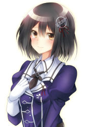 Rule 34 | 10s, 1girl, black hair, brown eyes, haguro (kancolle), hair ornament, kantai collection, koyoka, looking at viewer, office lady, short hair, simple background, smile, solo, tears, white background