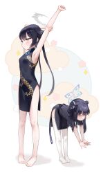 Rule 34 | 2girls, absurdres, animal ears, arm up, armpits, barefoot, bent over, black dress, black hair, blue archive, blush, breasts, china dress, chinese clothes, dragon print, dress, full body, grey eyes, halo, highres, kisaki (blue archive), legs, long hair, looking away, multiple girls, murabana44, print dress, shun (blue archive), shun (small) (blue archive), sleeveless, sleeveless dress, small breasts, standing, thighhighs, toes, twintails, white thighhighs