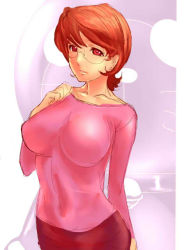Rule 34 | 1girl, bad id, bad pixiv id, breasts, character request, dodai shouji, glasses, gradient background, large breasts, red hair, solo