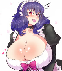 Rule 34 | 1girl, artist name, blush, bow, breasts, choker, cleavage, collarbone, heart, highres, huge breasts, maid, maid headdress, open mouth, pink bow, pinkkoffin, purple hair, red eyes, seikon no qwaser, smile, solo, white background, yamanobe tomo