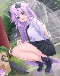 Rule 34 | 1girl, :d, adult neptune, alternate costume, animal, bare legs, black skirt, blush, cat, character doll, collared shirt, d-pad, d-pad hair ornament, full body, giga-tera, hair between eyes, hair ornament, highres, long hair, long sleeves, looking at viewer, necktie, neptune (neptunia), neptune (series), open mouth, outdoors, pleated skirt, purple eyes, purple hair, shin jigen game neptune vii, shirt, skirt, smile, solo, squatting, transparent, transparent umbrella, umbrella, v, very long hair, white shirt