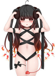 Rule 34 | 1girl, absurdres, ahoge, armpits, bad id, bad pixiv id, black hair, black sclera, blush, bondage outfit, bow, breasts, chestnut mouth, colored sclera, demon horns, demon tail, eyebrows, gluteal fold, gradient hair, heart, highres, holding, horns, long hair, mapar, multicolored hair, navel, original, red eyes, simple background, skindentation, small breasts, solo, tail, thigh gap, thigh strap, white background