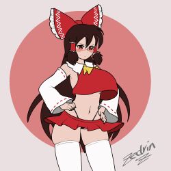Rule 34 | 1girl, adapted costume, animated, animated gif, areola slip, black panties, blush, bouncing breasts, bow, breast expansion, breasts, brown hair, closed mouth, cowboy shot, crop top, dancing, detached sleeves, grey background, hair bow, hakurei reimu, hands on own hips, huge breasts, large breasts, long hair, long sleeves, medium breasts, midriff, navel, nipple slip, nipples, nontraditional miko, panties, pleated skirt, red background, red eyes, red skirt, simple background, skirt, solo, standing, thighhighs, thong, touhou, underwear, white thighhighs, zedrin