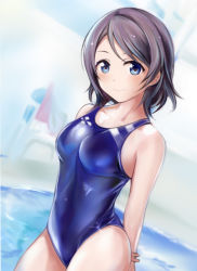 Rule 34 | 10s, 1girl, arms behind back, bare shoulders, blue eyes, blue one-piece swimsuit, breasts, competition swimsuit, grey hair, hand on own arm, looking at viewer, love live!, love live! sunshine!!, medium breasts, nannacy7, one-piece swimsuit, pool, short hair, smile, solo, standing, swimsuit, watanabe you