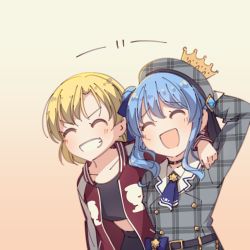 Rule 34 | +++, 2girls, :d, ^ ^, arm around shoulder, arm behind head, ascot, ayasaka, bang dream!, belt, beret, black choker, black shirt, blue ascot, blue ribbon, buttons, choker, closed eyes, commentary request, crop top, crossover, crown, double-breasted, gradient background, grin, hair ribbon, hat, hololive, hoshimachi suisei, hoshimachi suisei (1st costume), jacket, long hair, long sleeves, multiple girls, open mouth, plaid, plaid headwear, red jacket, ribbon, sato masuki, shirt, short hair, side ponytail, sidelocks, smile, tan background, track jacket, unmoving pattern, virtual youtuber