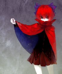 Rule 34 | 1girl, arlmuffin, bad id, bad pixiv id, bow, cape, capelet, clenched hand, covered mouth, cowboy shot, eyelashes, hair bow, red cape, red eyes, red hair, sekibanki, signature, skirt, solo, star (symbol), star print, thighs, touhou