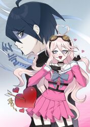 Rule 34 | 1boy, 1girl, absurdres, ahoge, arrow through heart, barbed wire, black choker, black gloves, black hair, black thighhighs, blush, breasts, choker, closed mouth, contrapposto, cowboy shot, danganronpa (series), danganronpa v3: killing harmony, drooling, fingerless gloves, from side, frown, garter straps, gloves, heart, heart ahoge, highres, iruma miu, jacket, large breasts, long hair, long sleeves, looking to the side, miniskirt, o-ring, pink eyes, pink shirt, pink skirt, pleated skirt, portrait, profile, saihara shuichi, sailor collar, shirt, short hair, sideways glance, skirt, striped clothes, striped jacket, sweat, thighhighs, translation request, trembling, ttegi (ddeck dg), white sailor collar
