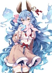 Rule 34 | 1girl, absurdres, aeon ion, animal ears, blue hair, blue sailor collar, boots, bow, brown footwear, brown skirt, detached sleeves, earrings, erune, ferry (granblue fantasy), fugee (granblue fantasy), granblue fantasy, hair between eyes, hair bow, hair ornament, hairclip, heart, heart earrings, highres, holding, holding heart, jewelry, long hair, looking at viewer, nicola (granblue fantasy), one side up, pink bow, pink scarf, pom pom (clothes), pouch, red bow, sailor collar, scarf, shirt, simple background, single earring, skirt, sleeveless, sleeveless shirt, solo, thigh boots, very long hair, wavy hair, white background, white pom poms, white shirt, yellow eyes