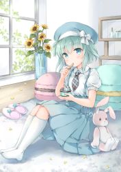 Rule 34 | 1girl, beret, blouse, blue eyes, blue skirt, blush, closed mouth, cup, day, eating, flower, food, green hair, hand up, hat, high-waist skirt, holding, holding cup, ice cream, ice cream spoon, indoors, kneehighs, legs together, looking at viewer, macaron, necktie, no shoes, original, pillow, plaid, plaid necktie, plaid neckwear, pleated skirt, puffy short sleeves, puffy sleeves, shirt, short hair with long locks, short sleeves, sitting, skirt, slippers, socks, solo, spoon, stuffed animal, stuffed rabbit, stuffed toy, sunflower, suspender skirt, suspenders, vase, wataame27, white shirt, white socks, window