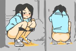 Rule 34 | 1girl, angry, animated, animated gif, ass, black eyes, black hair, black shorts, blue hoodie, blush, bush, clothes pull, from behind, grass, grey footwear, heavy breathing, hood, hoodie, long hair, long sleeves, looking at viewer, multiple views, peeing, ponytail, shoes, shorts, shorts pull, sneakers, squatting, sweat, tako238, tree