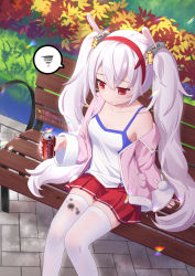 Rule 34 | 1girl, animal ears, artist name, azur lane, bench, chinese commentary, commentary request, dated, drink, expressionless, foliage, from above, hair between eyes, headband, highres, holding, holding drink, jacket, laffey (azur lane), looking down, pavement, pink jacket, pleated skirt, red eyes, red headband, red skirt, shirt, sidelocks, sitting, skirt, soda, solo, spoken squiggle, squiggle, stained clothes, thighhighs, twintails, white hair, white shirt, white thighhighs, xiao shi lullaby