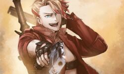 Rule 34 | 1boy, absurdres, axel syrios, blonde hair, blue eyes, braid, dante (devil may cry), devil may cry (series), fingerless gloves, gloves, gun, highres, holding, holding gun, holding weapon, holostars, holostars english, holotempus, jacket, multicolored hair, open mouth, pointing weapon, potamikouu, red jacket, side braid, solo focus, topless male, twitter username, two-tone hair, virtual youtuber, weapon