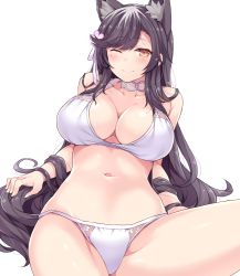 Rule 34 | 1girl, ;), amane hasuhito, animal ears, atago (azur lane), atago (summer march) (azur lane), azur lane, bad id, bad twitter id, black hair, blush, breasts, brown eyes, choker, cleavage, commentary request, fingernails, flower, hair flower, hair ornament, hair ribbon, large breasts, long fingernails, long hair, looking at viewer, lying, mole, mole under eye, navel, one eye closed, ribbon, sidelocks, simple background, smile, solo, swept bangs, very long hair, white background