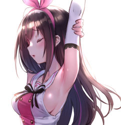 Rule 34 | 1girl, arm warmers, armpits, arms up, bare shoulders, blush, bow, bowtie, breasts, brown hair, closed eyes, highres, kizuna ai, kizuna ai inc., long hair, medium breasts, multicolored hair, no bra, parted lips, pink hair, pokachu, sailor collar, sideboob, simple background, solo, streaked hair, stretching, two-tone hair, upper body, very long hair, virtual youtuber, white background