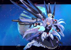 Rule 34 | 1girl, aiming, alternate costume, angel wings, azusa (blue archive), blue archive, commentary request, earth (planet), feathered wings, flower, freedom gundam, greyscale, gun, gundam, gundam seed, hair between eyes, hair flower, hair ornament, halo, hibun tsukasa, highres, holding, holding gun, holding shield, holding weapon, long hair, long sleeves, mecha musume, monochrome, planet, purple eyes, shield, sidelocks, sky, solo, space, star (sky), starry sky, v-shaped eyebrows, weapon, white wings, wings