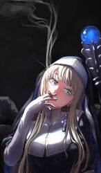 1girl blonde_hair blue_eyes cigar coif earrings floating_earring highres jewelry long_hair mage_staff ninjin_ika nun original smoking solo upper_body