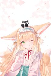 Rule 34 | 1girl, animal ears, arknights, blonde hair, cardigan, chinese commentary, colored skin, colored tips, commentary request, creature on head, crossover, finger to mouth, fox ears, fox girl, fox tail, frilled hairband, frills, green eyes, green hairband, green skin, grin, hairband, heixiu, high-waist skirt, highres, kitsune, kyuubi, long hair, long sleeves, luo xiaohei zhanji, multicolored hair, multiple tails, neck ribbon, official alternate costume, one eye closed, partial commentary, puffy long sleeves, puffy sleeves, red ribbon, ribbon, shirt, skirt, smile, solo, suzuran (arknights), suzuran (spring praise) (arknights), tail, teeth, two-tone hair, umou (umouawa), upper body, white cardigan, white hair, white shirt