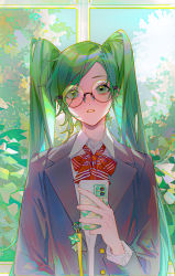 Rule 34 | 1girl, black jacket, bow, bowtie, collared shirt, green eyes, green hair, grey shirt, hair ornament, highres, holding, holding phone, jacket, league of legends, long hair, long sleeves, official alternate costume, open clothes, open jacket, parted lips, phone, red bow, red bowtie, round eyewear, shirt, solo, sona (league of legends), star guardian (league of legends), star guardian sona, striped bow, striped bowtie, striped clothes, teeth, twintails, upper body, yi zhi zhiliao zhiliaoliaoliao