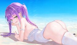 Rule 34 | 1girl, absurdres, alternate costume, ass, beach, breasts, demon girl, demon tail, green eyes, highleg, highleg swimsuit, highres, hololive, long hair, looking at viewer, lying, medium breasts, multicolored hair, nail polish, ocean, on stomach, one-piece swimsuit, open mouth, partially undressed, pink hair, purple hair, red o7, sand, smile, solo, streaked hair, swimsuit, tail, thighhighs, tokoyami towa, twintails, v, virtual youtuber, white one-piece swimsuit, white thighhighs