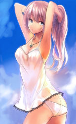 Rule 34 | 1044kiro, 1girl, arms up, ass, bad anatomy, bad hands, bad id, bad pixiv id, breasts, colorized, jewelry, long hair, medium breasts, necklace, one-piece tan, original, panties, poorly drawn, see-through, solo, tan, tanline, underwear, white panties