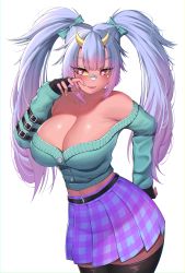 Rule 34 | 1girl, absurdres, aqua bow, aqua sweater, bare shoulders, black gloves, black thighhighs, bow, commentary request, commission, cowboy shot, eyeshadow, fingerless gloves, fishnet pantyhose, fishnets, freckles, gloves, hair bow, highres, himeliofon, horns, long hair, long sleeves, looking at viewer, makeup, midriff, miniskirt, nail polish, navel, off-shoulder sweater, off shoulder, original, pantyhose, pink eyes, pink lips, plaid, plaid skirt, pleated skirt, purple hair, purple skirt, simple background, skirt, smile, solo, standing, sweater, thighhighs, thighhighs over pantyhose, twintails, very long hair, white background, yellow nails