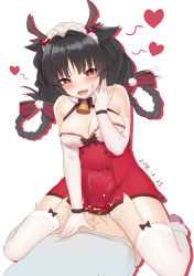 Rule 34 | 1boy, 1girl, absurdres, antlers, artist request, azur lane, bell, black hair, blush, braid, braided hair rings, breasts, cleavage, clothed sex, commentary request, covered navel, dated, elbow gloves, fang, garter straps, girl on top, gloves, hair rings, heart, heart-shaped pupils, hetero, highres, horns, large breasts, nose blush, ooshio (azur lane), ooshio (the reindeer&#039;s present) (azur lane), open mouth, red eyes, reindeer antlers, santa costume, sex, simple background, symbol-shaped pupils, thighhighs, thighs, twin braids, vaginal, white background, white gloves, white thighhighs