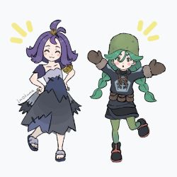 Rule 34 | 2girls, :3, :o, acerola (pokemon), armlet, black footwear, blush stickers, boots, braid, bright pupils, brown mittens, closed eyes, closed mouth, commentary request, creatures (company), dress, flip-flops, flipped hair, full body, fur hat, game freak, green eyes, green headwear, green legwear, grey dress, grey jacket, hair between eyes, hair ornament, hairclip, hands on own hips, hat, highres, imokuma, jacket, leg up, long sleeves, medium hair, mittens, multicolored clothes, multicolored dress, multiple girls, nintendo, notice lines, pantyhose, pokemon, pokemon legends: arceus, pokemon sm, purple hair, sabi (pokemon), sandals, short sleeves, skirt, smile, stitches, toes, topknot, torn clothes, torn dress, twin braids, twintails, white background