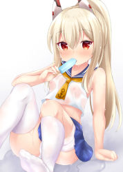 Rule 34 | 1girl, anchor symbol, asymmetrical legwear, ayanami (azur lane), azur lane, bare arms, bare shoulders, blonde hair, blue sailor collar, blue skirt, blush, breasts, commentary request, crop top, eating, food, hair between eyes, headgear, high ponytail, holding, holding food, kneehighs, long hair, looking at viewer, maccha, midriff, mismatched legwear, nipples, no shoes, panties, pleated skirt, ponytail, popsicle, sailor collar, see-through, shirt, single kneehigh, single sock, single thighhigh, skirt, sleeveless, sleeveless shirt, small breasts, socks, soles, solo, sweat, thighhighs, underwear, very long hair, wet, wet clothes, wet shirt, white background, white panties, white socks, yellow neckwear