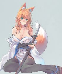 Rule 34 | 1girl, animal ear fluff, animal ears, bare shoulders, black thighhighs, blush, breasts, cleavage, closed mouth, commentary request, detached sleeves, flip-flops, fox ears, fox girl, fox tail, green eyes, grey background, hair between eyes, holding, holding sword, holding weapon, japanese clothes, katana, large breasts, long hair, looking at viewer, off shoulder, orange hair, original, sandals, sash, sawaya (mizukazu), simple background, sitting, smile, solo, sword, tail, thighhighs, weapon