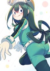 Rule 34 | 10s, 1girl, 3:, :q, ass, asui tsuyu, belt, black hair, blue eyes, blush, bodysuit, boku no hero academia, boots, bow-shaped hair, bracer, breasts, circle, closed mouth, eyelashes, frog girl, from behind, gloves, goggles, goggles on head, green hair, hair between eyes, hair rings, large breasts, long hair, long sleeves, looking at viewer, looking back, low-tied long hair, monster girl, pantylines, rain, skin tight, solo, thigh boots, thighhighs, tongue, tongue out, very long hair, white background, white gloves, yamucha