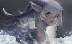Rule 34 | 1girl, absurdres, animal ears, capricorn (zodiac), commentary, english commentary, goat ears, goat girl, goat horns, grey eyes, grey hair, hair between eyes, highres, horizontal pupils, horns, long hair, looking at viewer, looking to the side, original, parted lips, portrait, scales, seuyan, single horn, smile, solo, zodiac